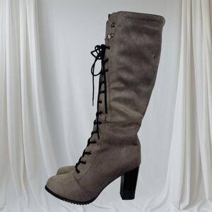 Witchy Whimsygoth Faux Suede Dark Light Gray Lace Up High Heel Boots US 9.5